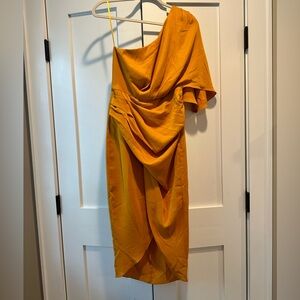 One shoulder burnt orange/gold dress